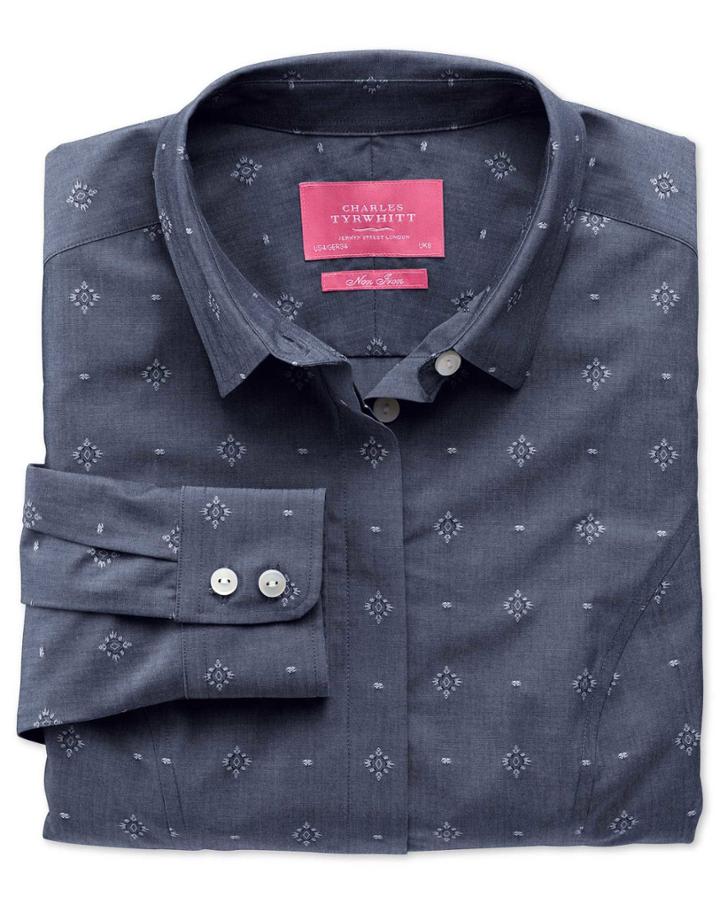 Charles Tyrwhitt Women's Semi-fitted Non-iron Denim Blue Jacquard Chambray Cotton Casual Shirt Size 12 By Charles Tyrwhitt