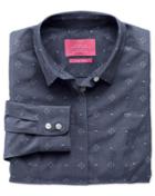 Charles Tyrwhitt Women's Semi-fitted Non-iron Denim Blue Jacquard Chambray Cotton Casual Shirt Size 12 By Charles Tyrwhitt