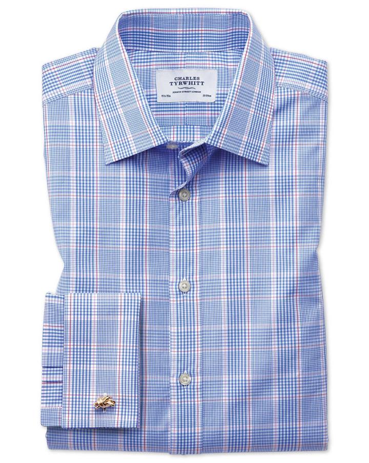 Charles Tyrwhitt Classic Fit Prince Of Wales Check Blue Cotton Dress Shirt French Cuff Size 15/33 By Charles Tyrwhitt