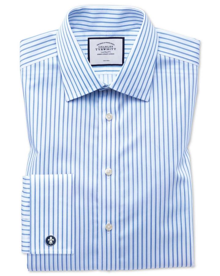  Slim Fit Non-iron Sky Blue Stripe Twill Cotton Dress Shirt French Cuff Size 14.5/33 By Charles Tyrwhitt