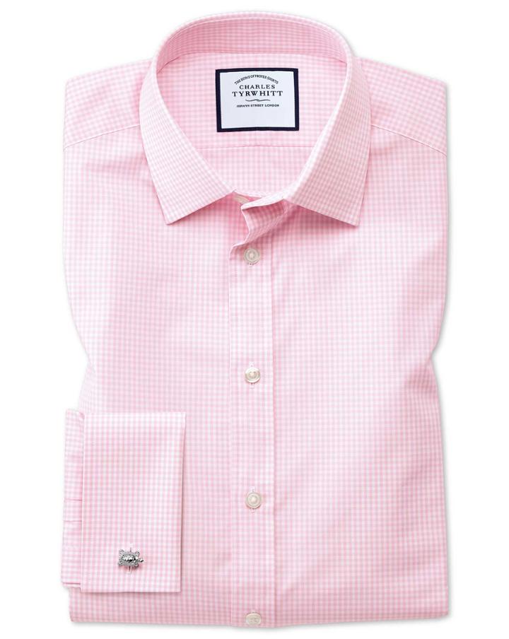 Charles Tyrwhitt Classic Fit Small Gingham Light Pink Cotton Dress Shirt Single Cuff Size 15/34 By Charles Tyrwhitt