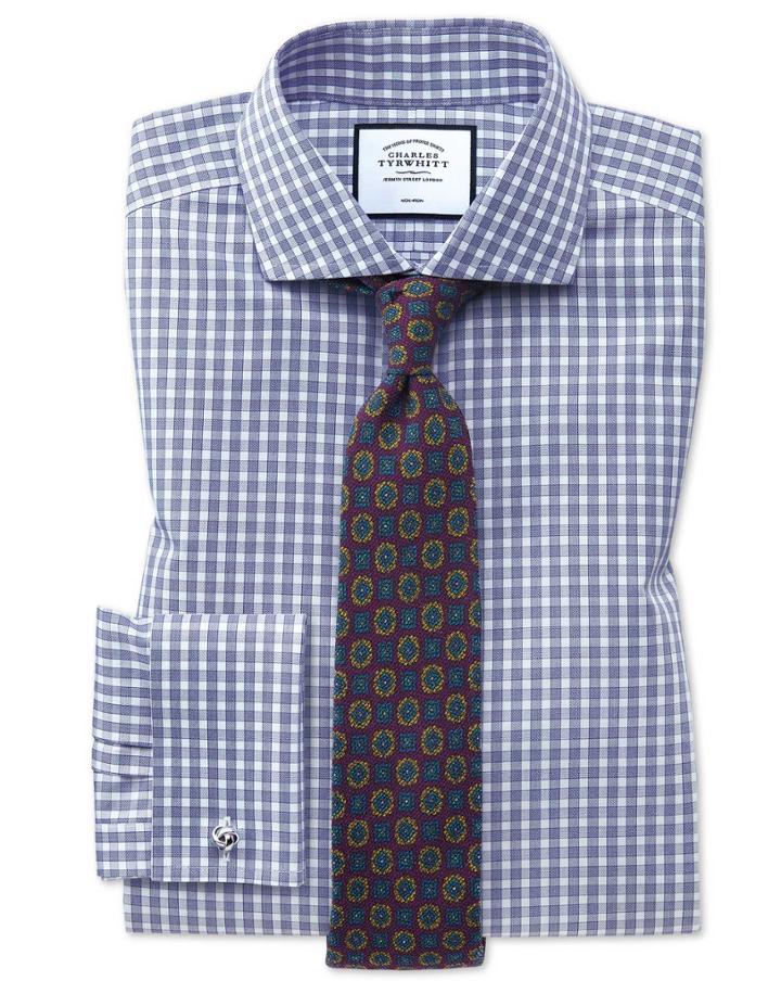  Extra Slim Fit Non-iron Twill Blue Gingham Cotton Dress Shirt French Cuff Size 15.5/35 By Charles Tyrwhitt