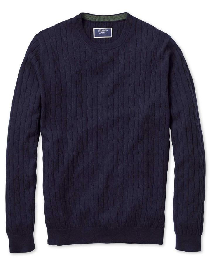  Navy Crew Neck Lambswool Cable Knit Sweater Size Medium By Charles Tyrwhitt