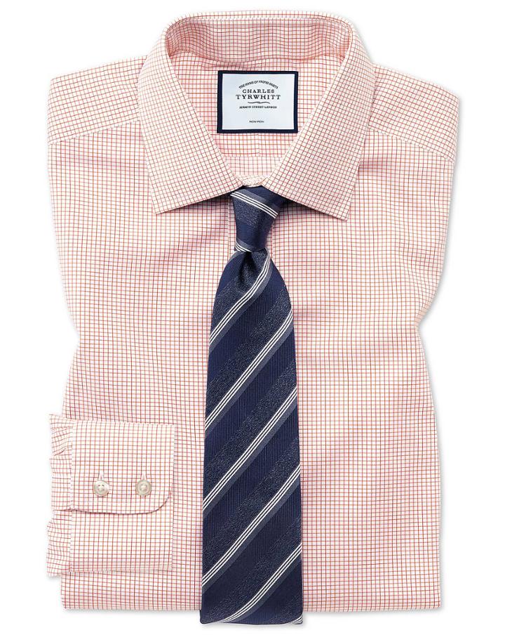  Slim Fit Non-iron Twill Mini Grid Check Orange Cotton Dress Shirt French Cuff Size 16.5/36 By Charles Tyrwhitt