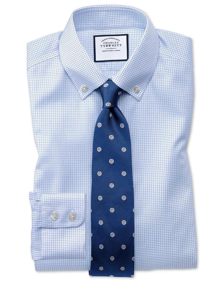  Extra Slim Fit Button-down Non-iron Twill Mini Grid Check Sky Blue Cotton Dress Shirt Single Cuff Size 15/34 By Charles Tyrwhitt