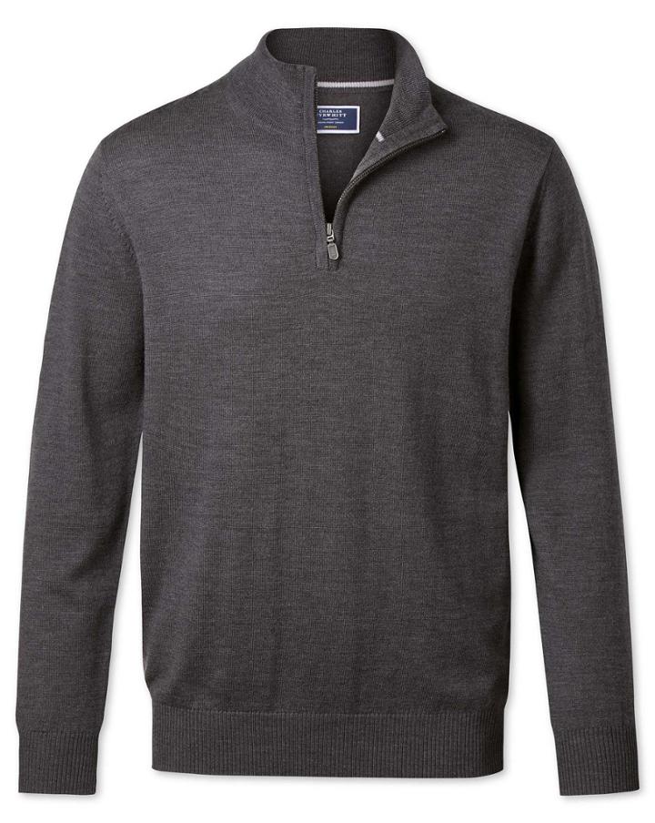  Charcoal Merino Wool Zip Neck Sweater Size Large By Charles Tyrwhitt