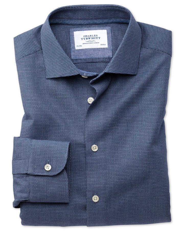 Charles Tyrwhitt Extra Slim Fit Semi-spread Collar Business Casual Navy Patterned Cotton Dress Shirt Single Cuff Size 14.5/32 By Charles Tyrwhitt