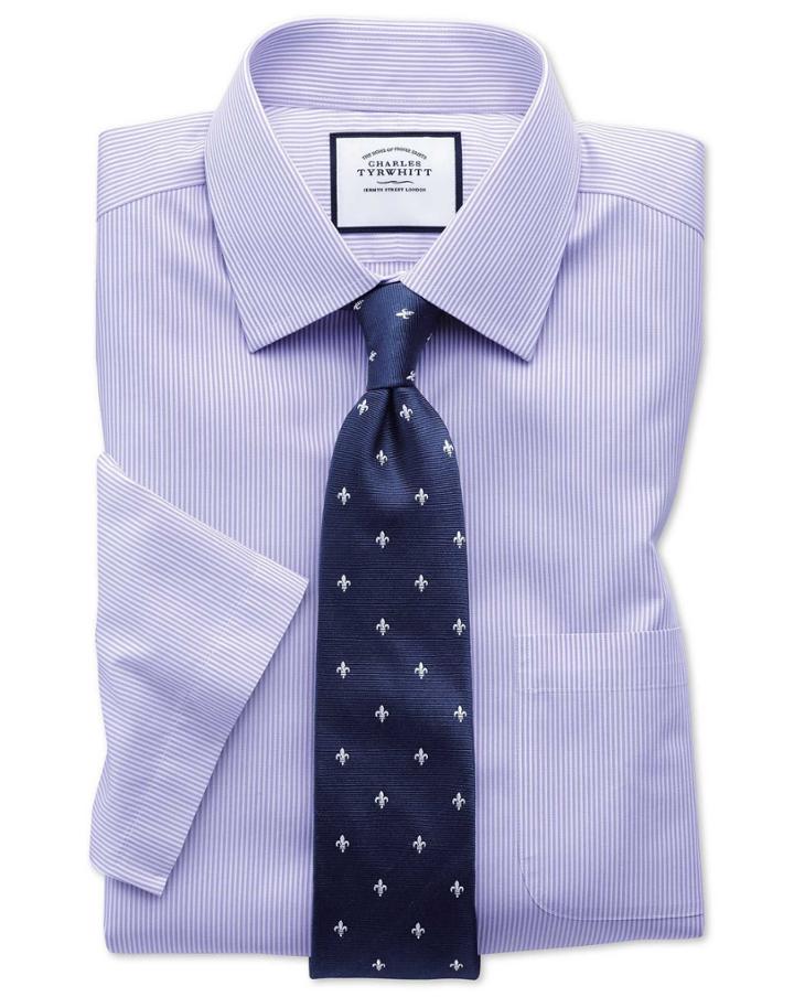 Charles Tyrwhitt Slim Fit Non-iron Bengal Stripe Short Sleeve Lilac Cotton Dress Shirt Size 14.5/short By Charles Tyrwhitt