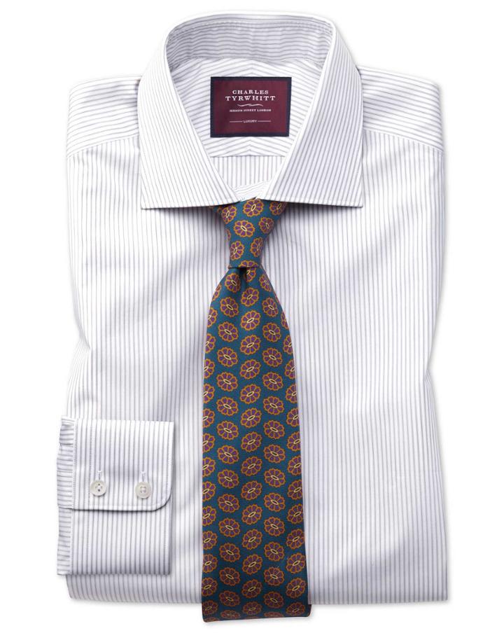  Classic Fit Grey Stripe Luxury Egyptian Cotton Dress Shirt Single Cuff Size 15.5/33 By Charles Tyrwhitt