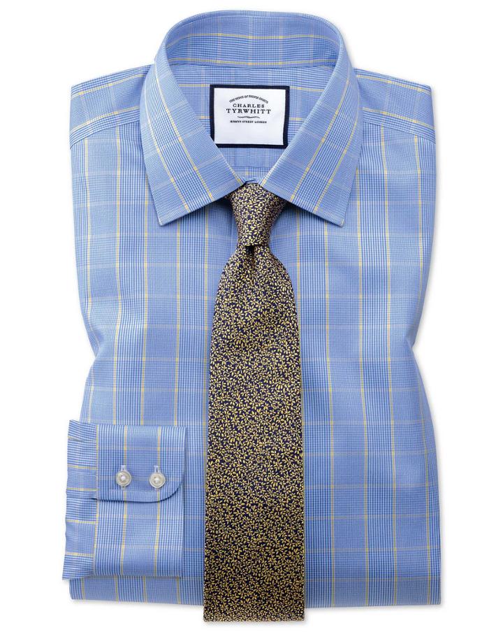 Classic Fit Non-iron Prince Of Wales Blue And Gold Cotton Dress Shirt By Charles Tyrwhitt