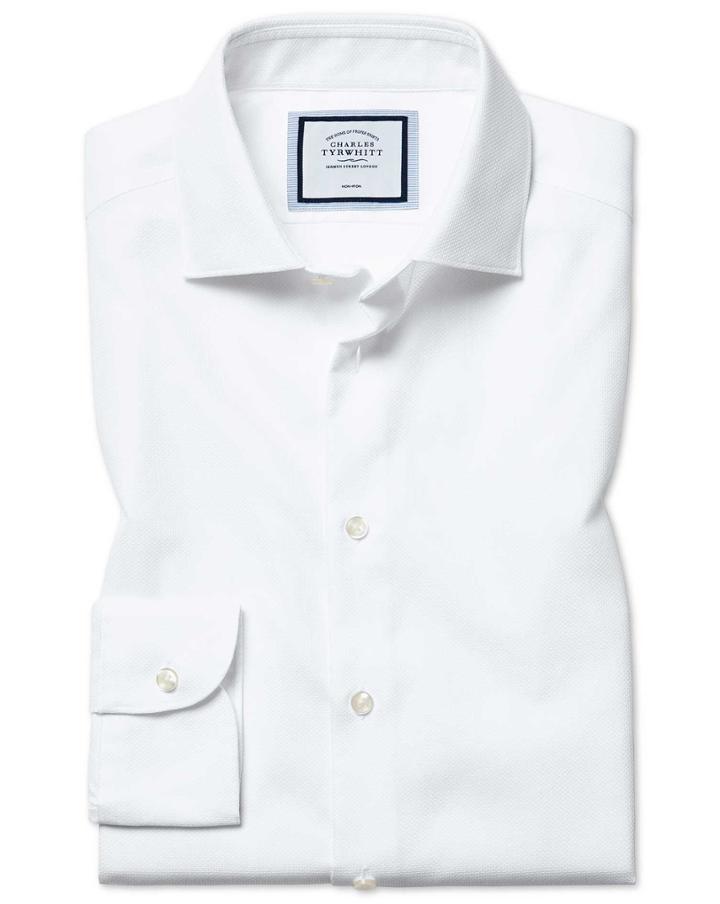  Slim Fit Non-iron Natural Stretch White Cotton Dress Shirt Single Cuff Size 14.5/32 By Charles Tyrwhitt