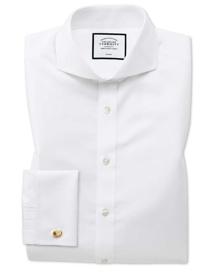  Extra Slim Fit Extreme Spread Collar Non-iron Twill White Cotton Dress Shirt French Cuff Size 14.5/33 By Charles Tyrwhitt