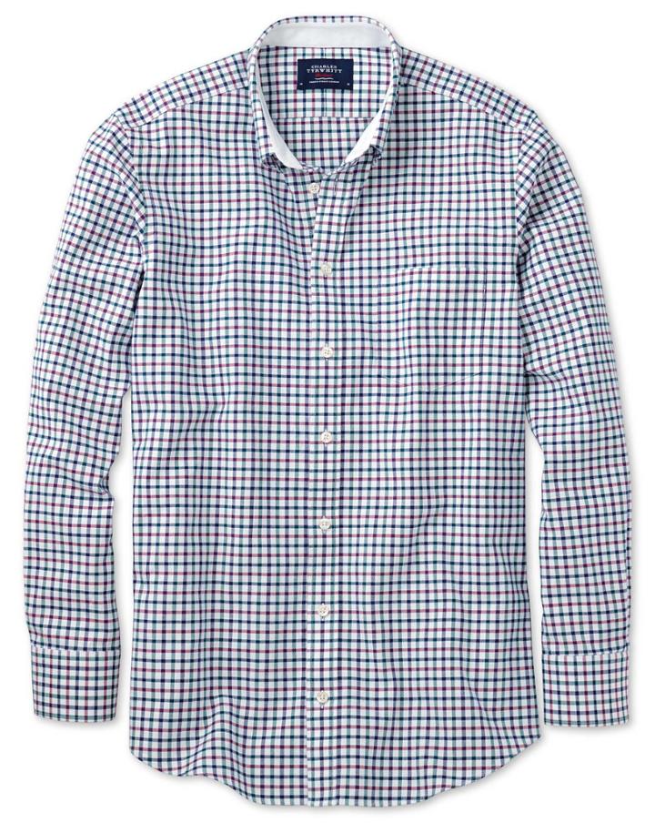 Charles Tyrwhitt Extra Slim Fit Navy And Berry Check Washed Oxford Cotton Casual Shirt Single Cuff Size Xs By Charles Tyrwhitt