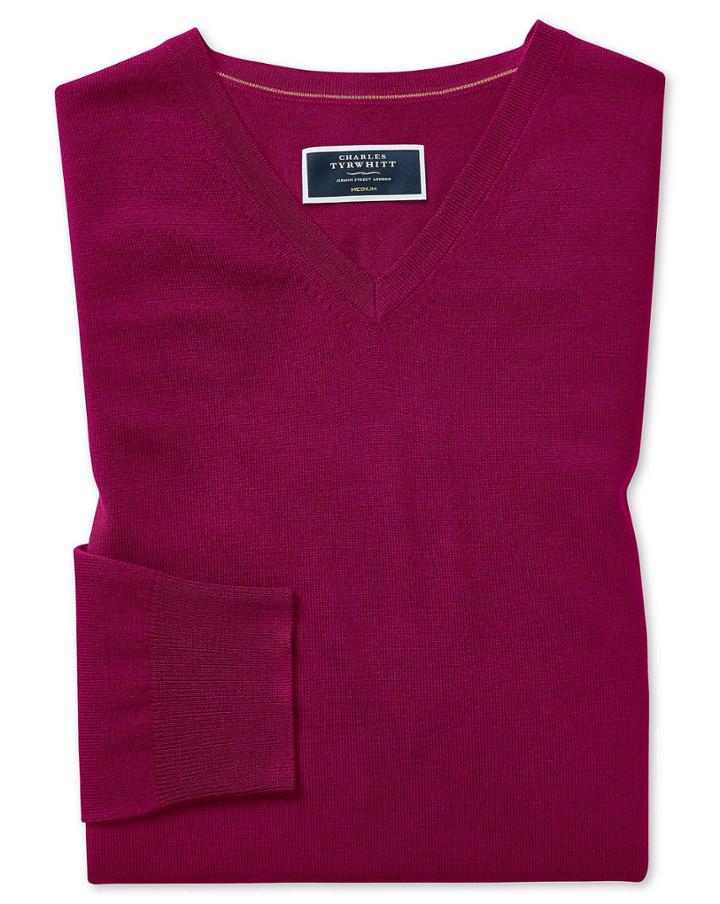 Dark Pink Merino V Neck 100percent Merino Wool Sweater Size Medium By Charles Tyrwhitt