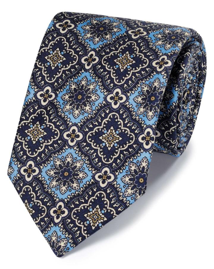  Blue And Navy Mosaic Floral Silk English Luxury Tie By Charles Tyrwhitt