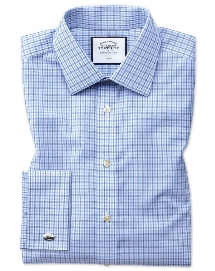  Classic Fit Non-iron Poplin Blue And Sky Blue Cotton Dress Shirt French Cuff Size 15.5/32 By Charles Tyrwhitt