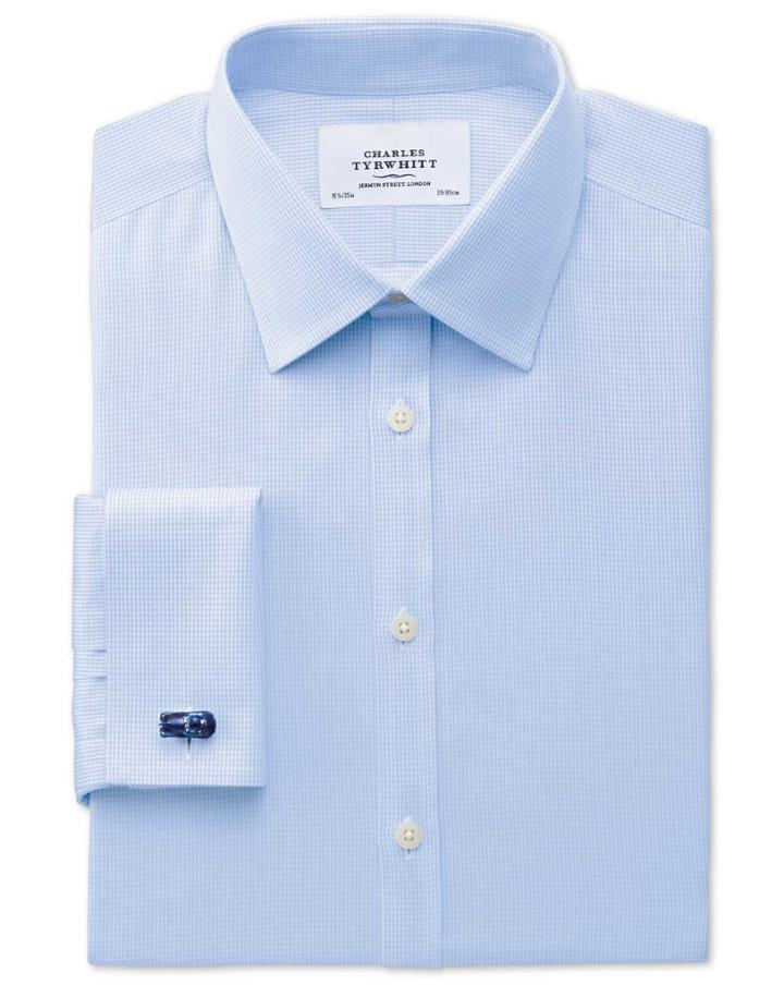Charles Tyrwhitt Charles Tyrwhitt Slim Fit Non-iron Puppytooth Sky Blue Cotton Dress Shirt Size 14.5/32