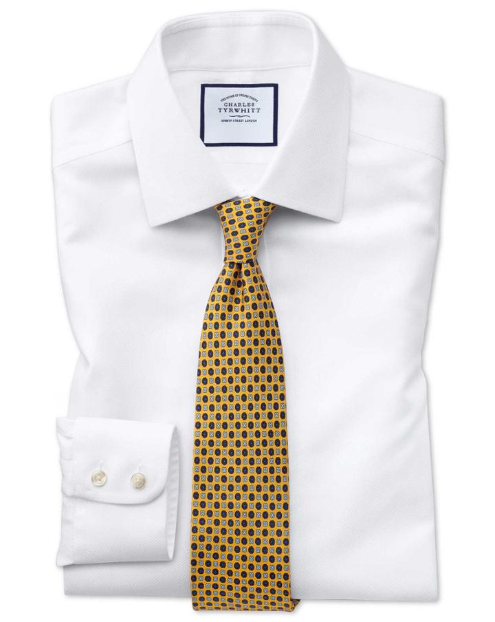  Slim Fit Non-iron White Arrow Weave Cotton Dress Shirt Single Cuff Size 15.5/34 By Charles Tyrwhitt