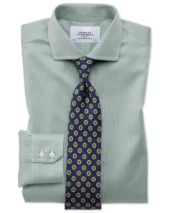 Charles Tyrwhitt Slim Fit Spread Collar Non-iron Puppytooth Olive Cotton Dress Casual Shirt French Cuff Size 14.5/33 By Charles Tyrwhitt