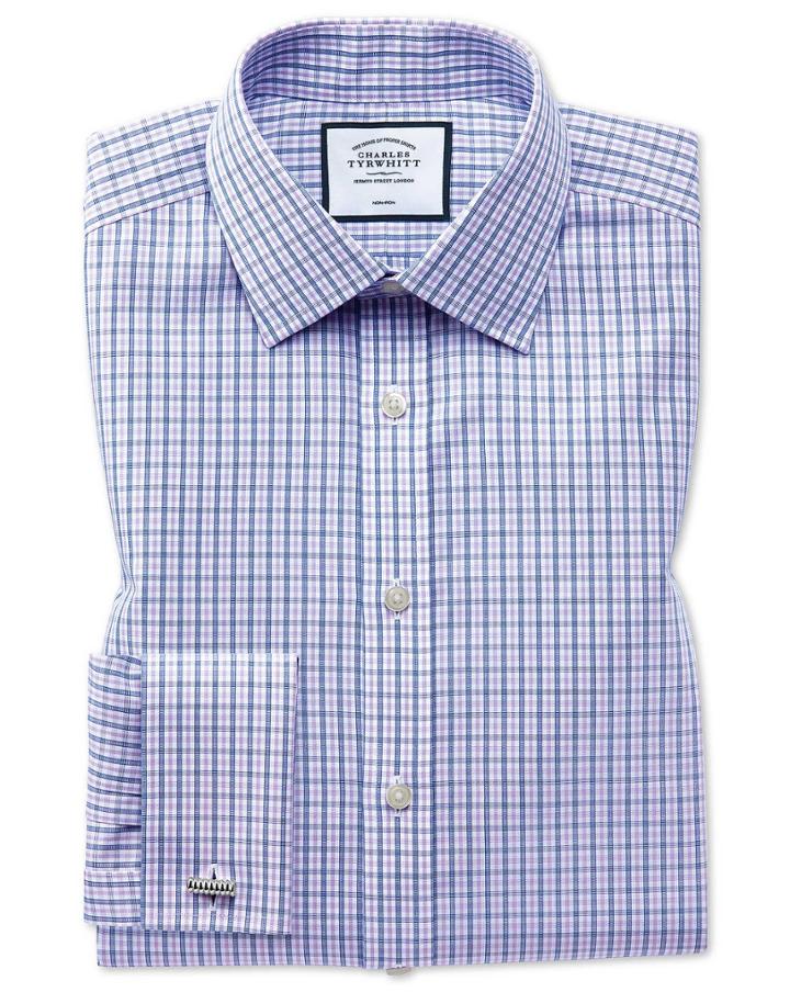  Classic Fit Non-iron Blue And Purple Check Cotton Dress Shirt Single Cuff Size 15.5/35 By Charles Tyrwhitt