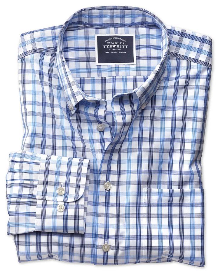  Classic Fit Non-iron White And Blue Large Check Cotton Casual Shirt Single Cuff Size Medium By Charles Tyrwhitt
