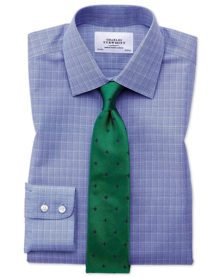 Charles Tyrwhitt Slim Fit Non-iron Prince Of Wales Blue Cotton Dress Casual Shirt Single Cuff Size 14.5/32 By Charles Tyrwhitt
