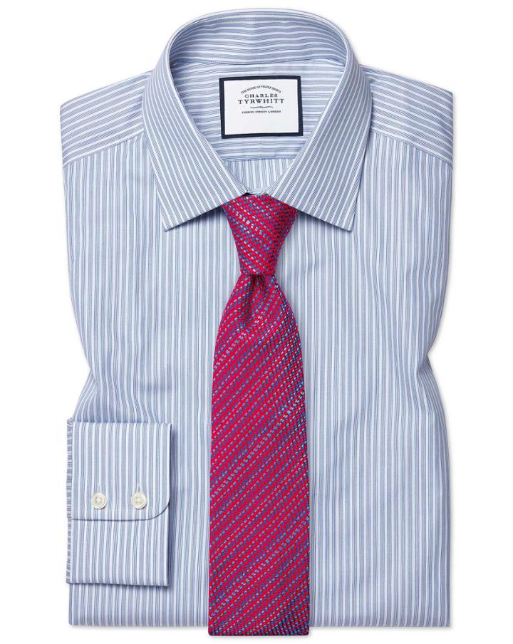  Slim Fit Poplin Fine Stripe Blue Cotton Dress Shirt French Cuff Size 14.5/33 By Charles Tyrwhitt