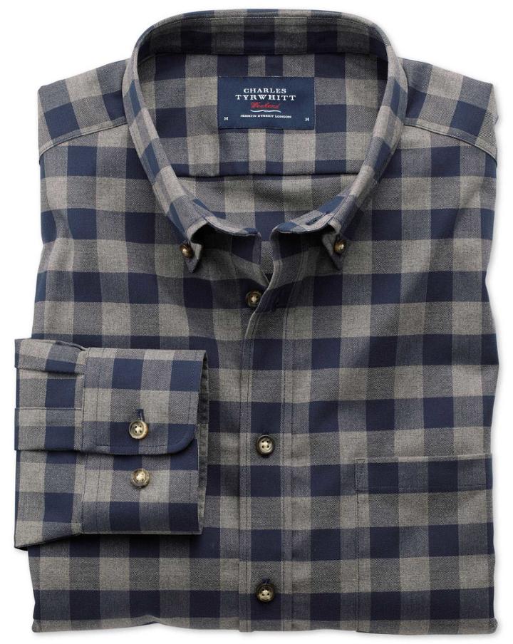 Charles Tyrwhitt Charles Tyrwhitt Classic Fit Non-iron Twill Navy And Grey Check Cotton Dress Shirt Size Large