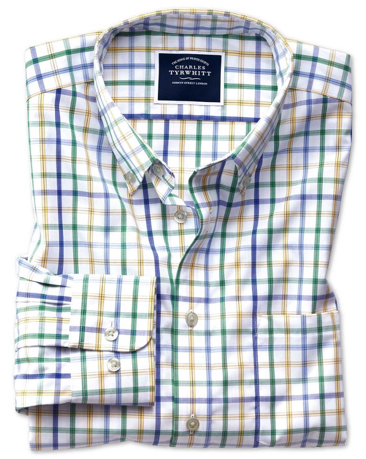 Charles Tyrwhitt Slim Fit Button-down Non-iron Poplin Green Multi Check Cotton Casual Shirt Single Cuff Size Medium By Charles Tyrwhitt