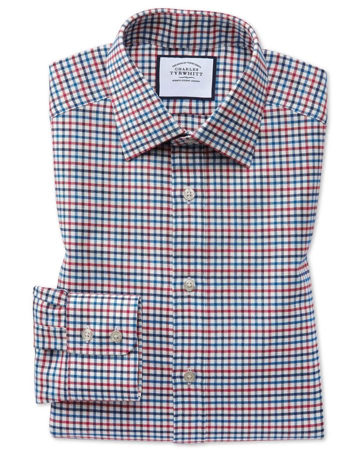  Classic Fit Red And Blue Country Check Cotton Dress Shirt Single Cuff Size 15.5/33 By Charles Tyrwhitt