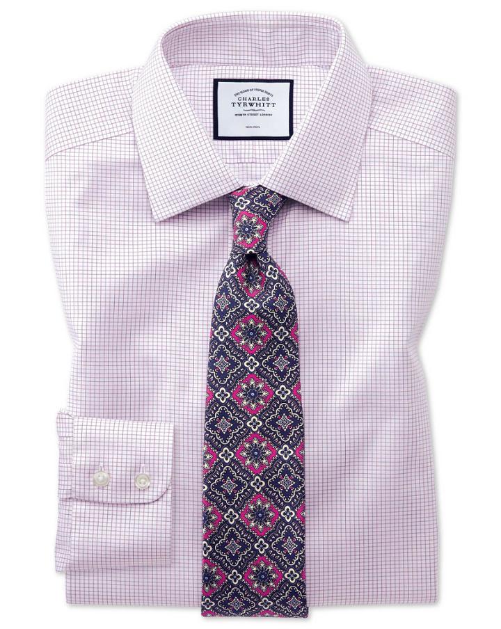  Classic Fit Non-iron Twill Mini Grid Check Purple Cotton Dress Shirt Single Cuff Size 15.5/33 By Charles Tyrwhitt