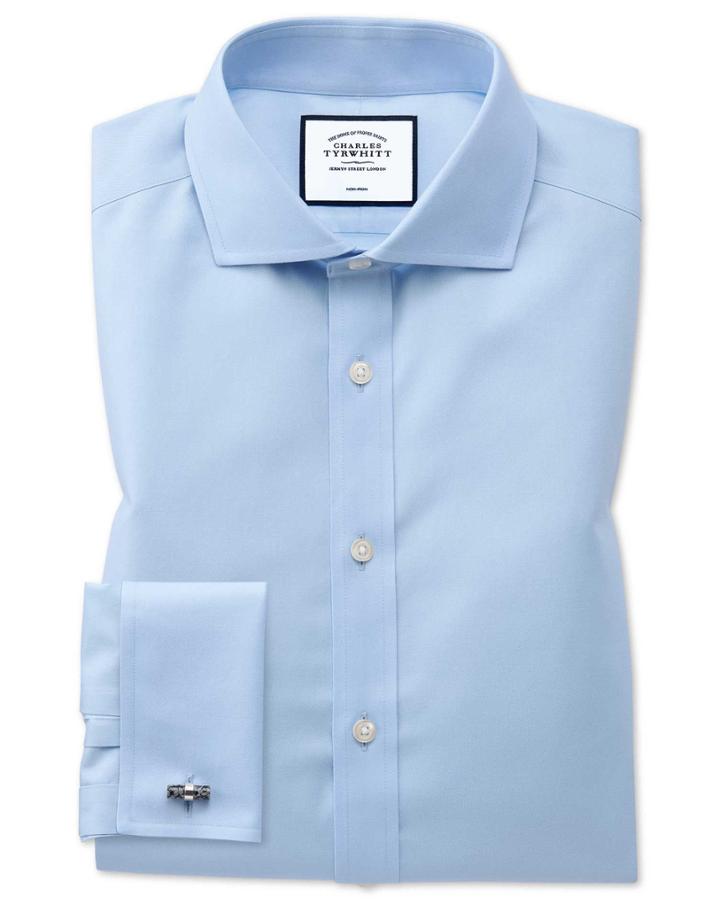  Extra Slim Fit Spread Collar Non-iron Twill Sky Blue Cotton Dress Shirt French Cuff Size 14.5/32 By Charles Tyrwhitt