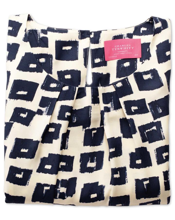 Charles Tyrwhitt Charles Tyrwhitt Women's Semi-fitted Navy And Cream Abstract Block Print Shell Silk Top Size 2