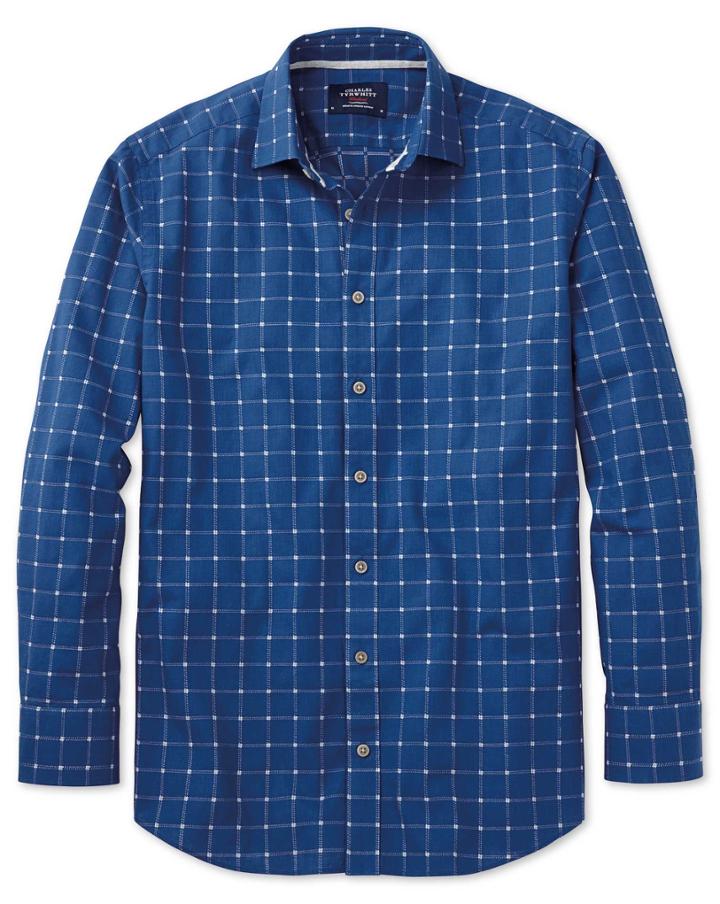 Charles Tyrwhitt Extra Slim Fit Dobby Blue And White Check Textured Cotton Casual Shirt Single Cuff Size Large By Charles Tyrwhitt