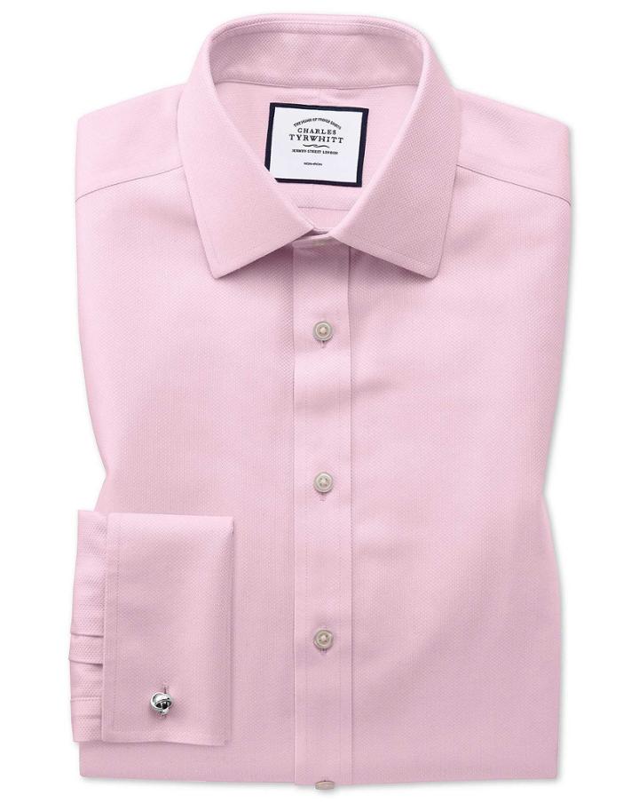 Classic Fit Non-iron Pink Arrow Weave Cotton Dress Shirt Single Cuff Size 15/33 By Charles Tyrwhitt