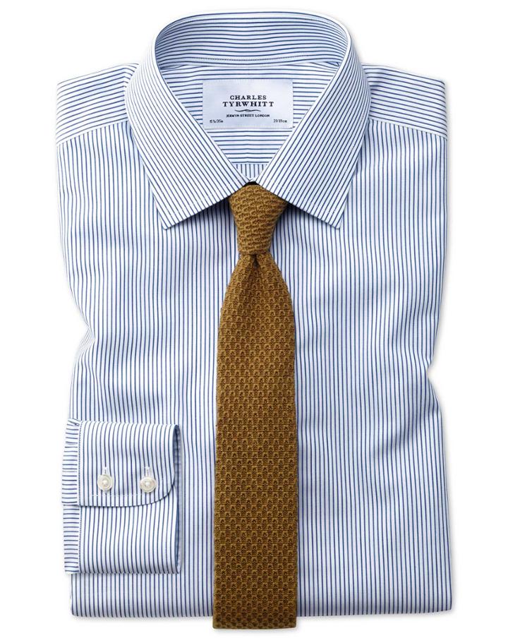  Extra Slim Fit Non-iron Stripe Navy Blue Cotton Dress Shirt Single Cuff Size 14.5/33 By Charles Tyrwhitt