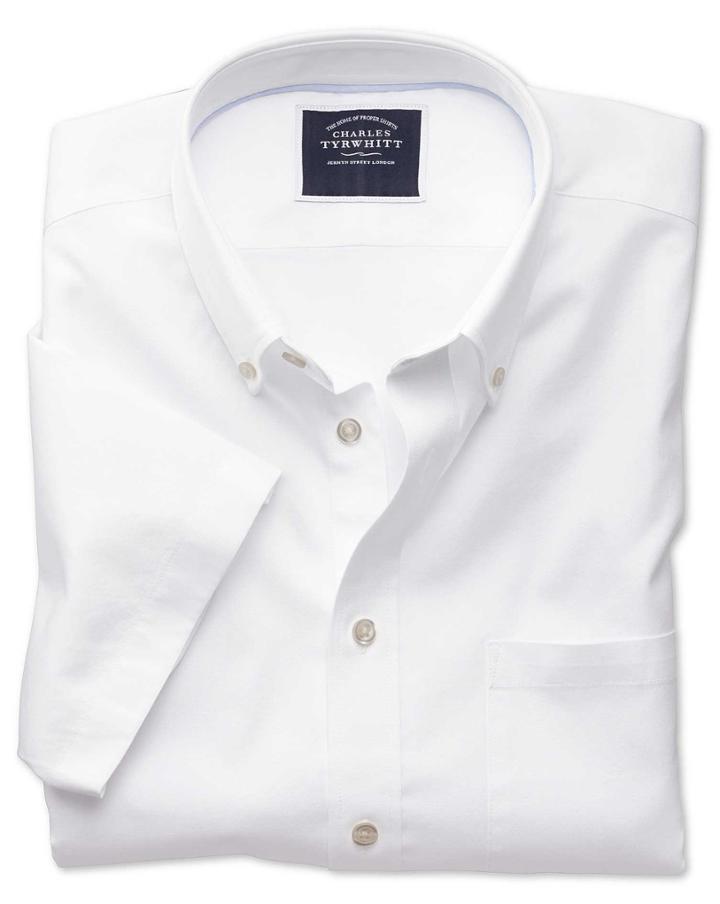  Classic Fit Button-down Washed Oxford Short Sleeve White Cotton Casual Shirt Single Cuff Size Large By Charles Tyrwhitt