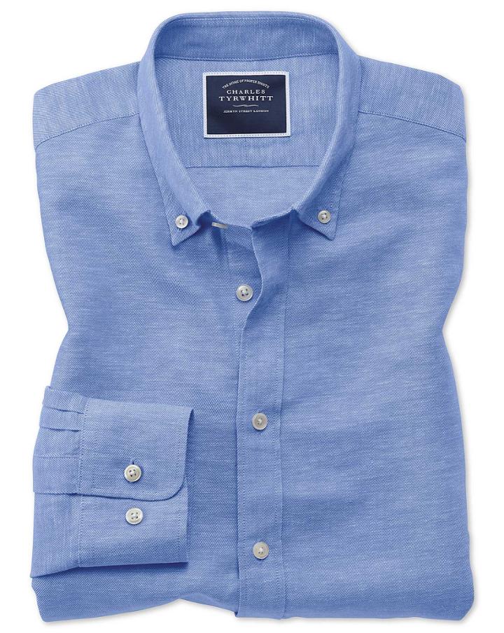  Classic Fit Bright Blue Cotton Linen Twill Cotton/linen Casual Shirt Single Cuff Size Large By Charles Tyrwhitt