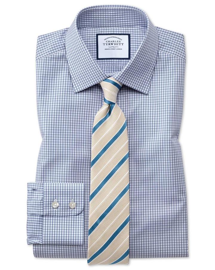  Classic Fit Small Gingham Grey Cotton Dress Shirt Single Cuff Size 15.5/35 By Charles Tyrwhitt