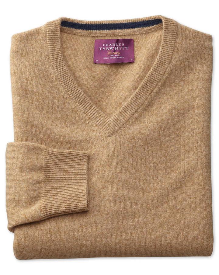  Tan Cashmere V-neck Sweater Size Medium By Charles Tyrwhitt