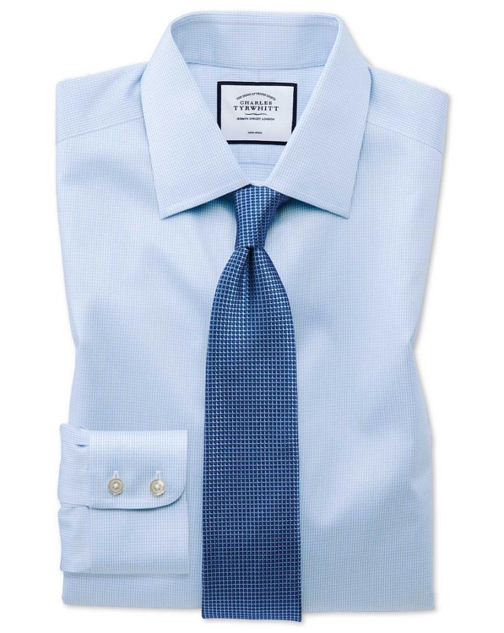  Classic Fit Non-iron Sky Blue Puppytooth Cotton Dress Shirt Single Cuff Size 15/34 By Charles Tyrwhitt