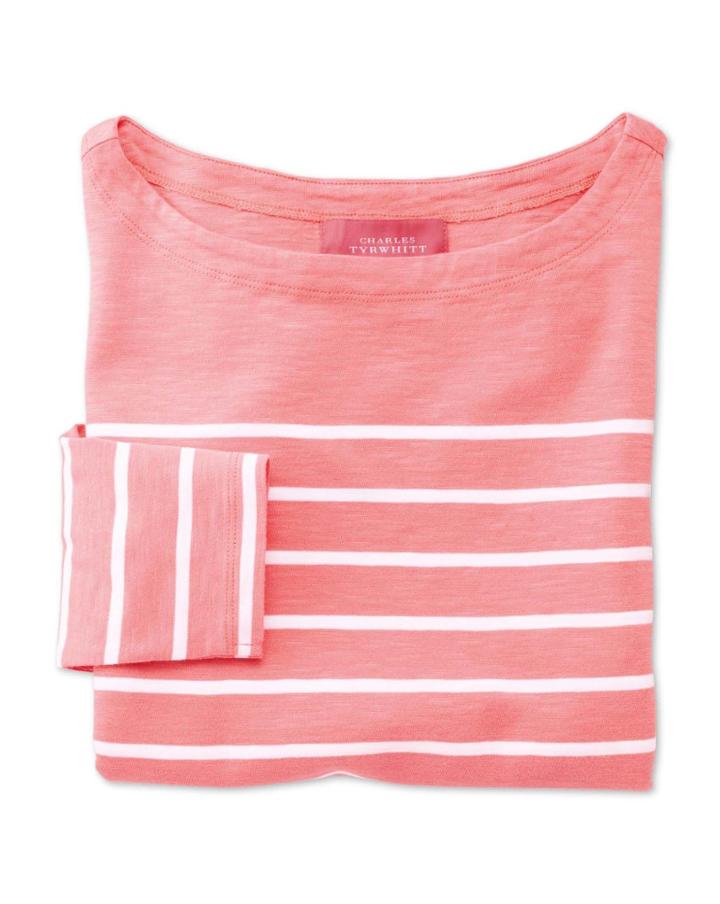Charles Tyrwhitt Charles Tyrwhitt Women's Coral And White Breton Stripe Jersey Cotton Top Size 6