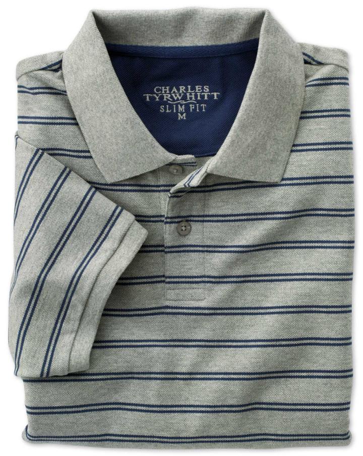Charles Tyrwhitt Charles Tyrwhitt Slim Fit Grey And Sky Striped Pique Polo Shirt