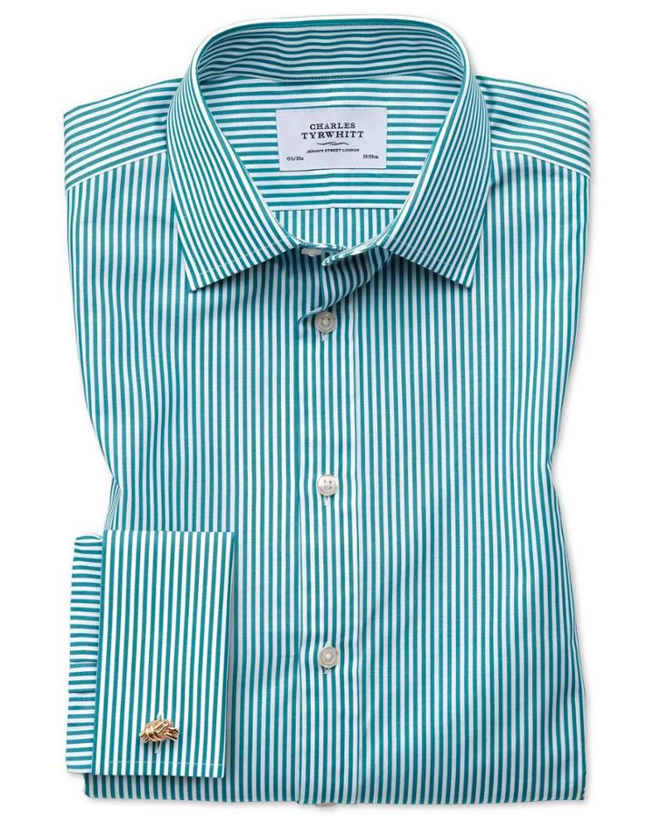 Charles Tyrwhitt Slim Fit Bengal Stripe Green Cotton Dress Casual Shirt Single Cuff Size 14.5/33 By Charles Tyrwhitt