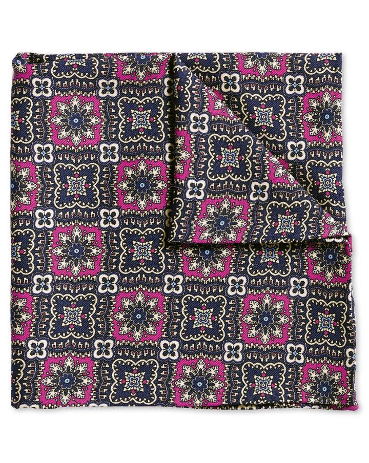  Pink And Navy Floral Luxury English Silk Pocket Square By Charles Tyrwhitt