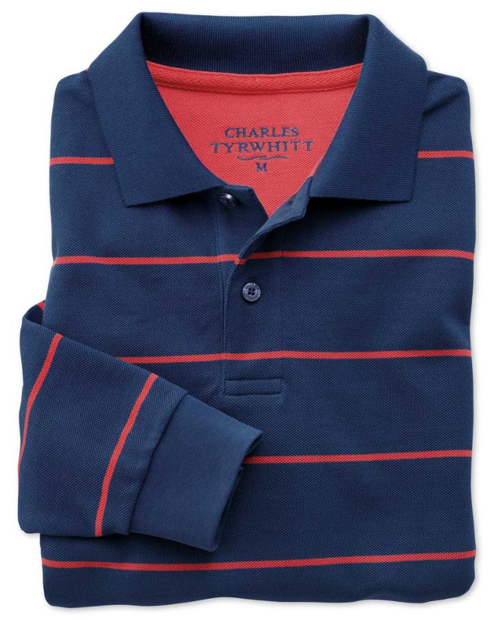 Charles Tyrwhitt Charles Tyrwhitt Classic Fit Blue And Pink Striped Pique Long Sleeve Polo Shirt
