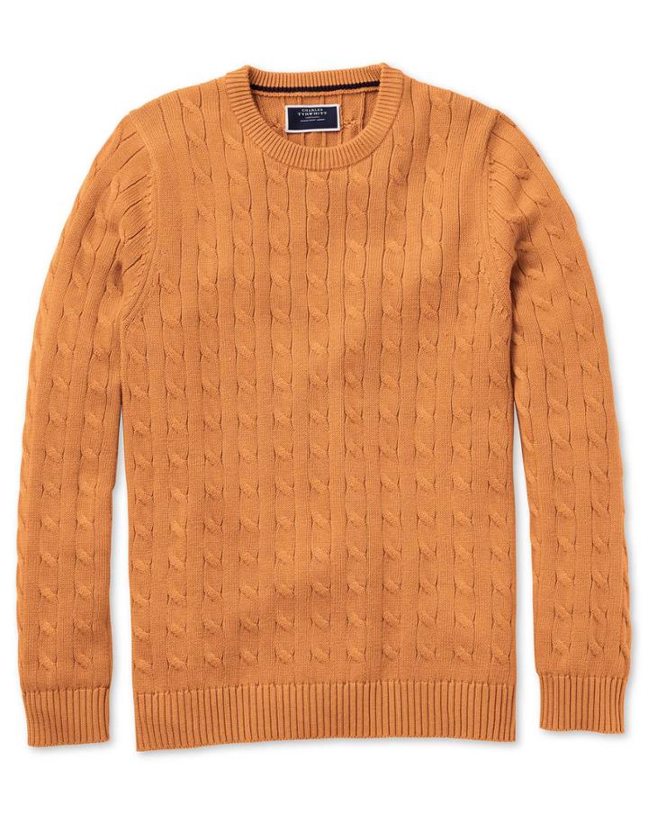  Orange Pima Cotton Cable Crew Neck Sweater Size Large By Charles Tyrwhitt