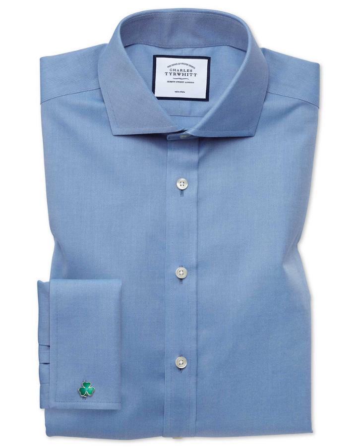  Slim Fit Non-iron Spread Collar Twill Blue Cotton Dress Shirt Single Cuff Size 14.5/32 By Charles Tyrwhitt