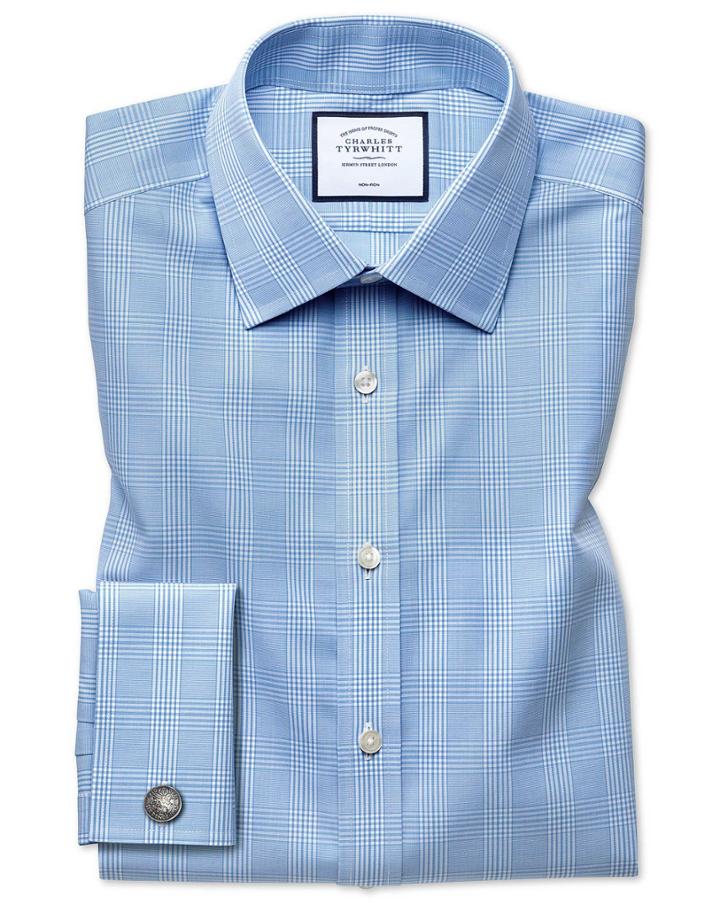  Classic Fit Non-iron Prince Of Wales Sky Blue Cotton Dress Shirt French Cuff Size 15/33 By Charles Tyrwhitt