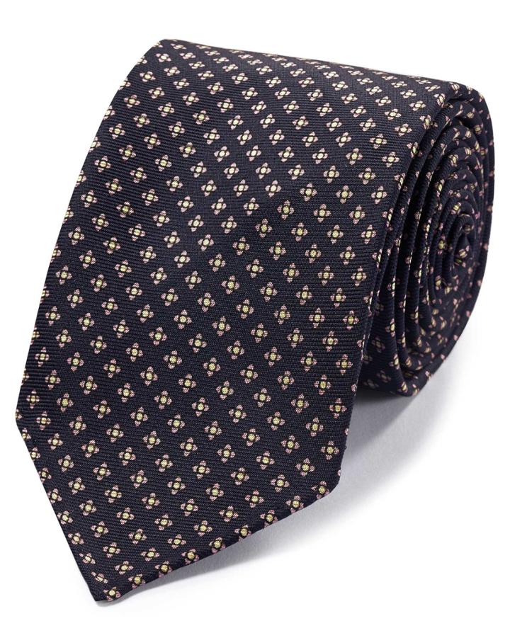  Navy And Pink Geometric Luxury English Hand Rolled Silk Tie By Charles Tyrwhitt